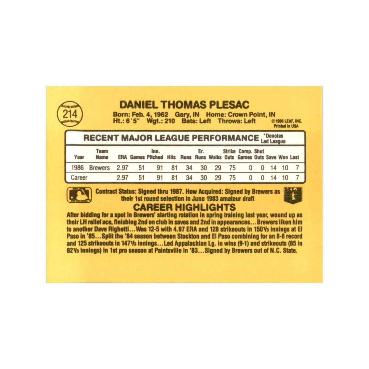 1987 Donruss Dan Plesac Baseball Cards #214