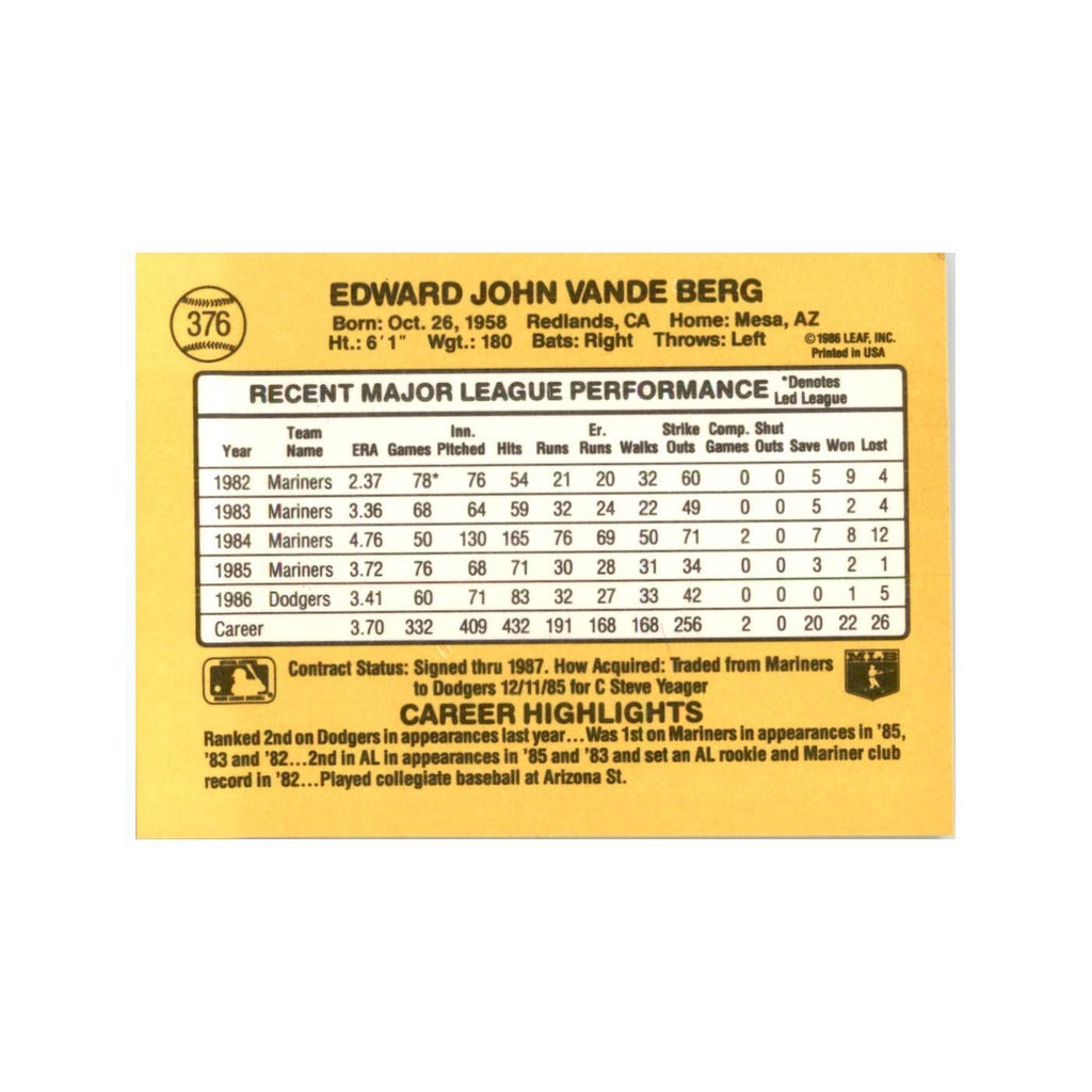 1987 Donruss Ed Vande Berg Baseball Cards #376