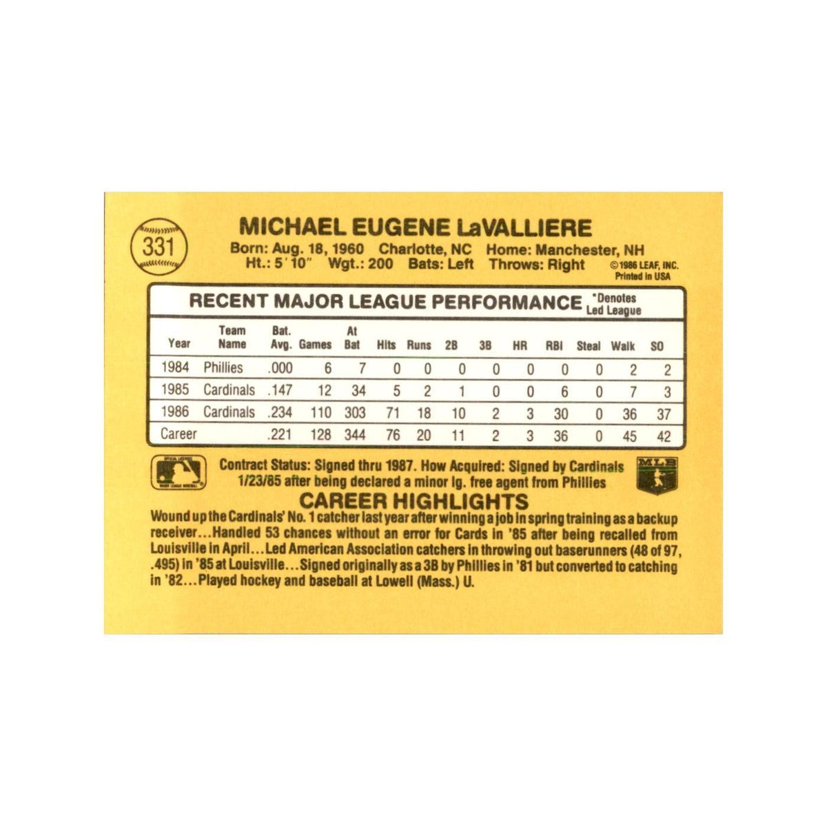 1987 Donruss Mike LaValliere Baseball Cards #331