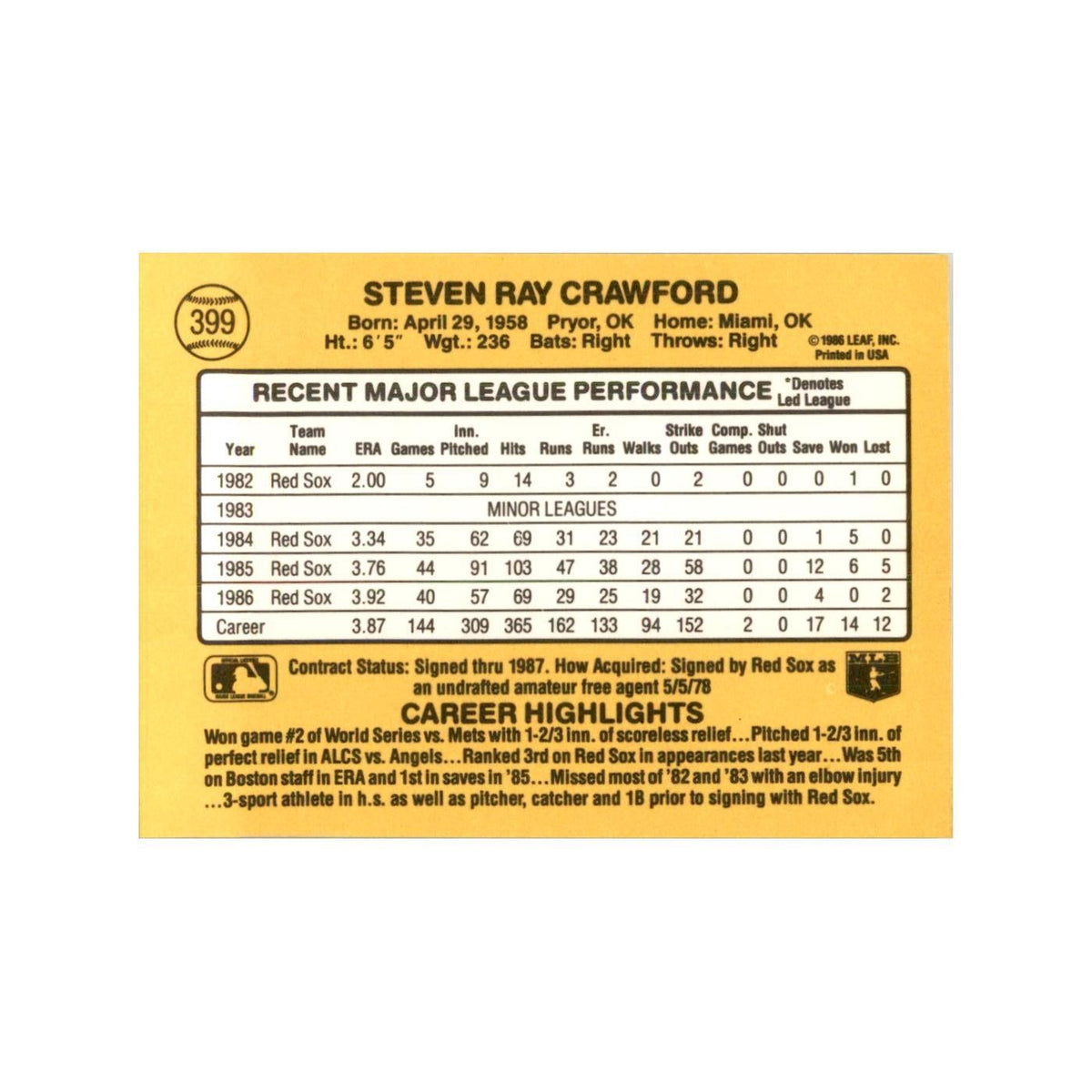1987 Donruss Steve Crawford Baseball Cards #399