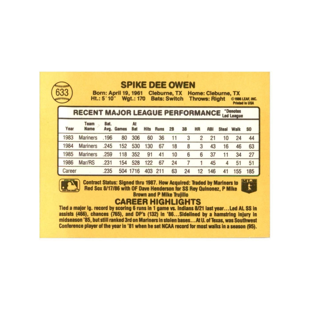1987 Donruss Spike Owen Baseball Cards #633