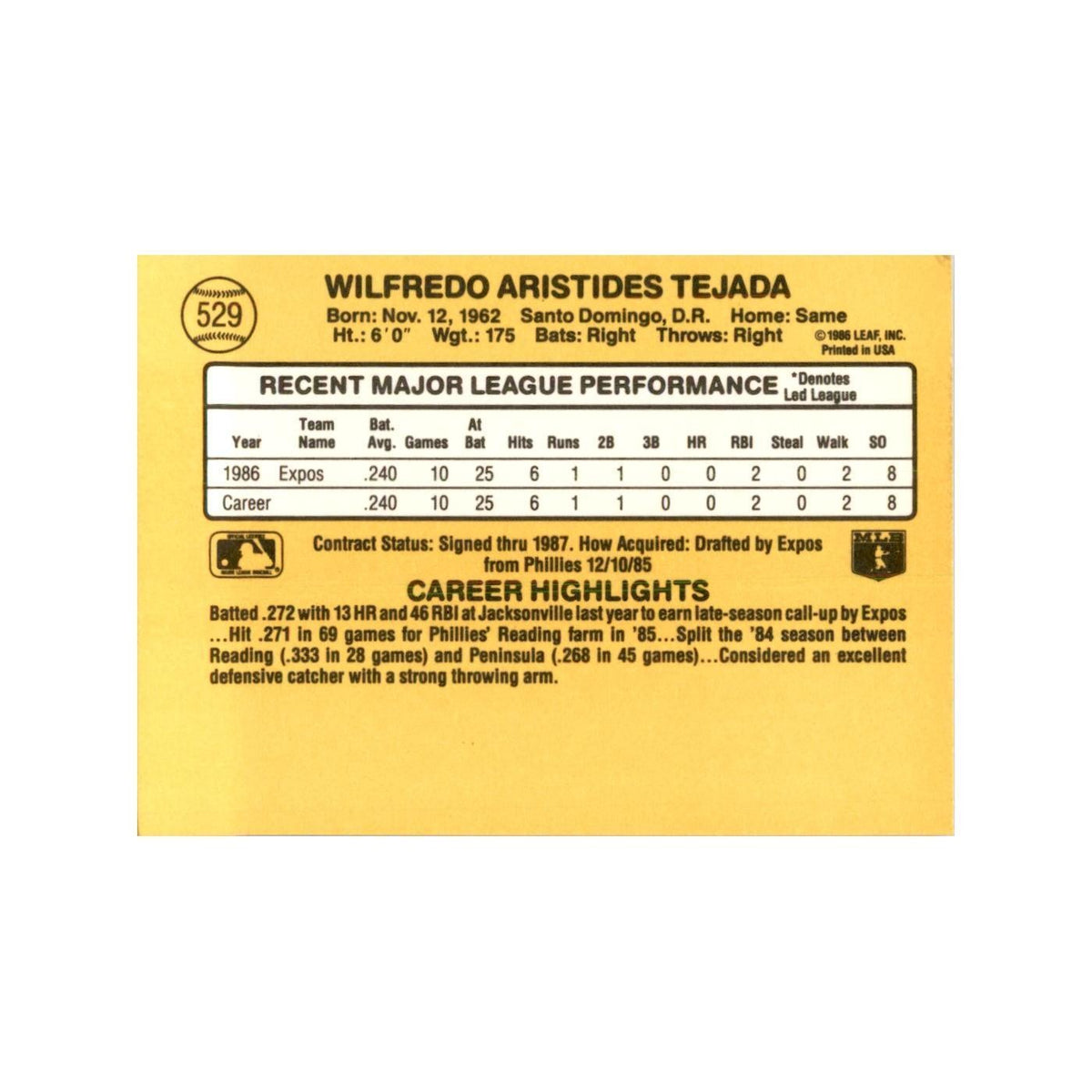 1987 Donruss Wilfredo Tejada Baseball Cards #529