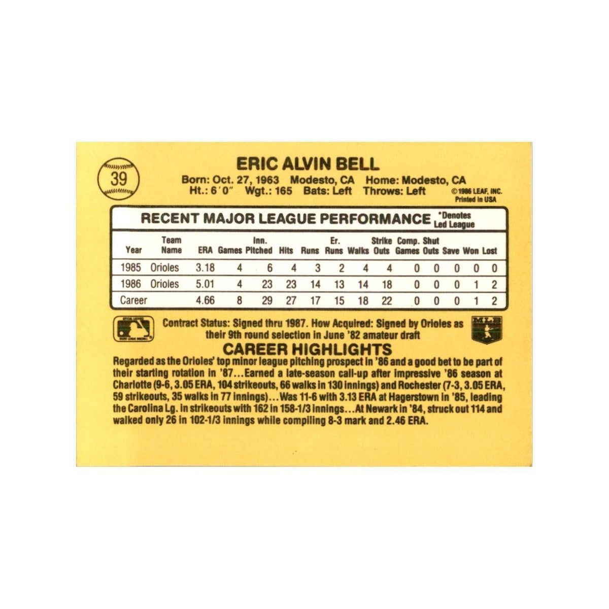 1987 Donruss Eric Bell Baseball Cards #39