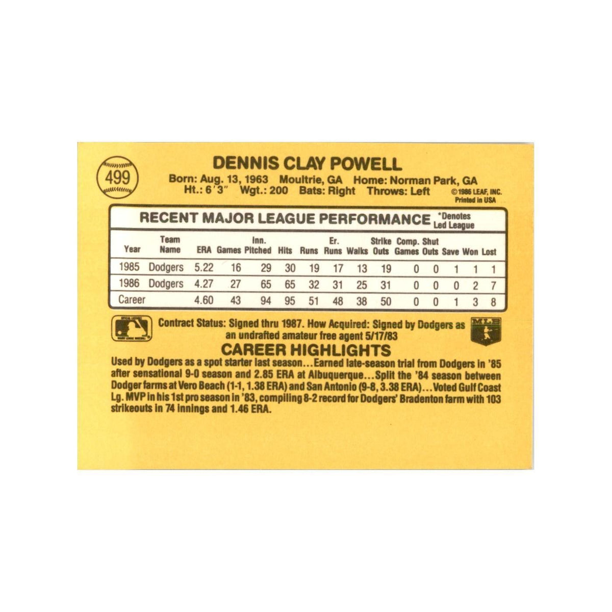 1987 Donruss Dennis Powell Baseball Cards #499