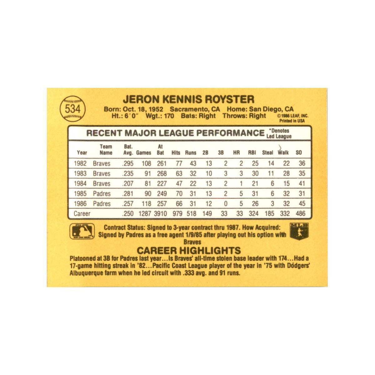 1987 Donruss Jerry Royster Baseball Cards #534