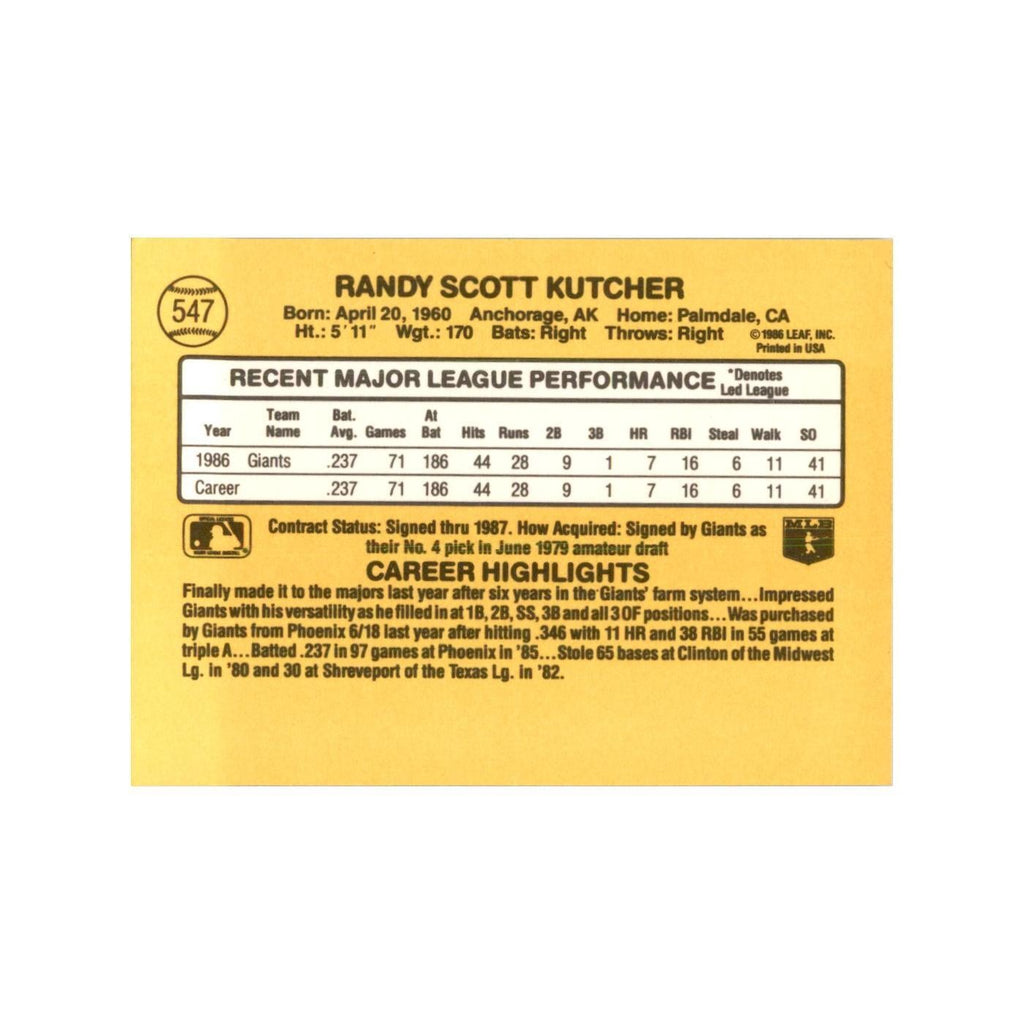 1987 Donruss Randy Kutcher Baseball Cards #547