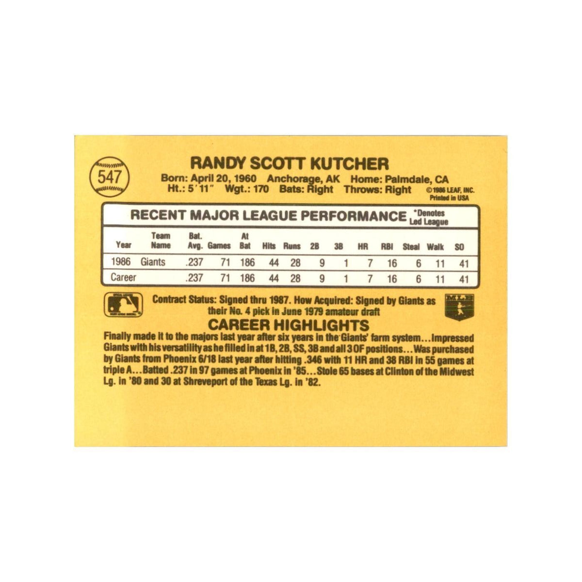1987 Donruss Randy Kutcher Baseball Cards #547