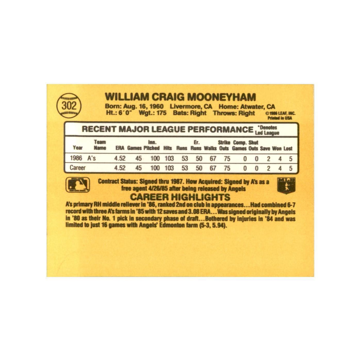 1987 Donruss Bill Mooneyham Baseball Cards #302