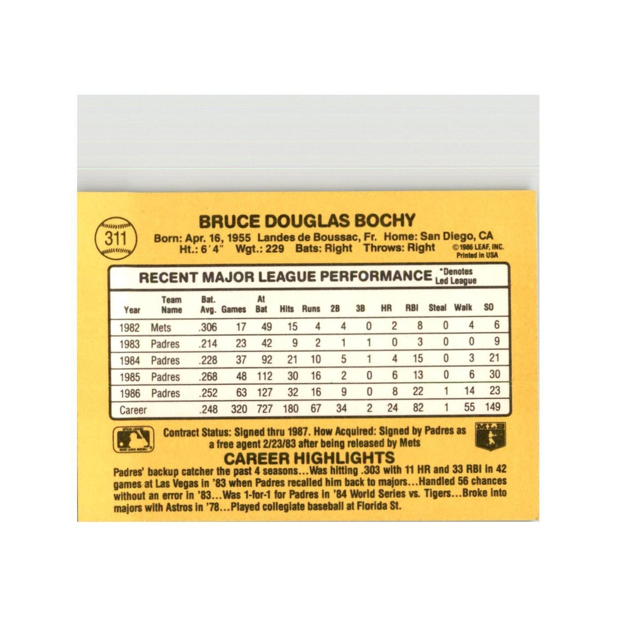 1987 Donruss Bruce Bochy Baseball Cards #311