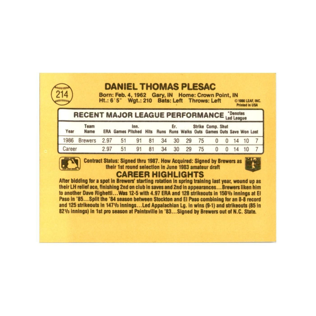 1987 Donruss Dan Plesac Baseball Cards #214