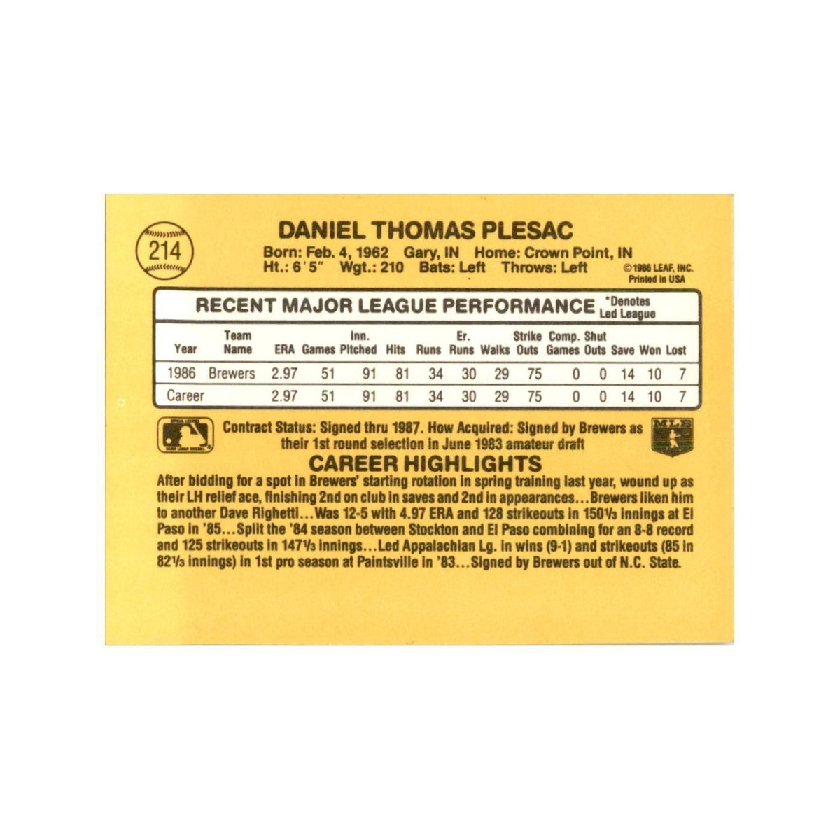 1987 Donruss Dan Plesac Baseball Cards #214