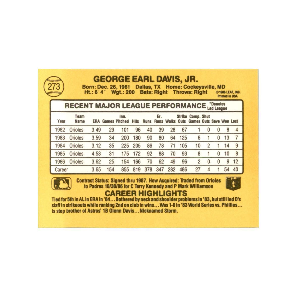 1987 Donruss Storm Davis Baseball Cards #273