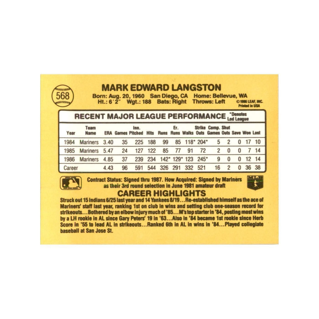1987 Donruss Mark Langston Baseball Cards #568