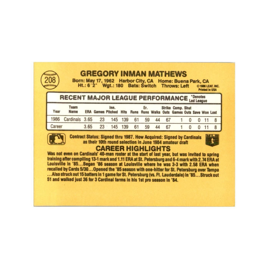 1987 Donruss Greg Mathews Baseball Cards #208