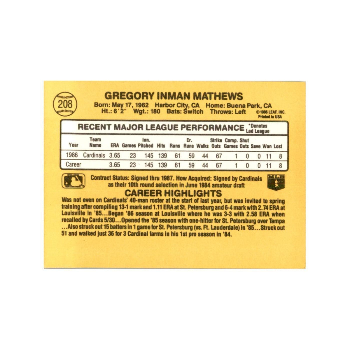 1987 Donruss Greg Mathews Baseball Cards #208