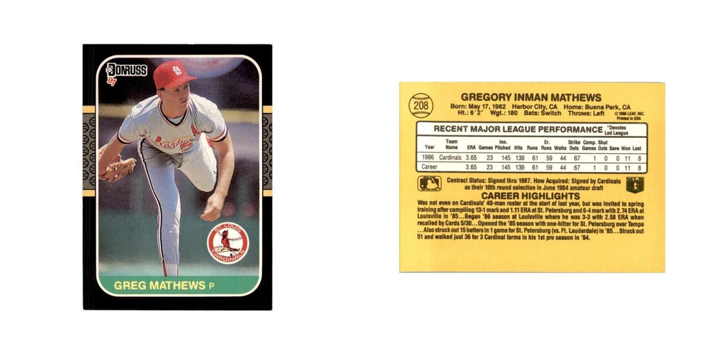 1987 Donruss Greg Mathews Baseball Cards #208