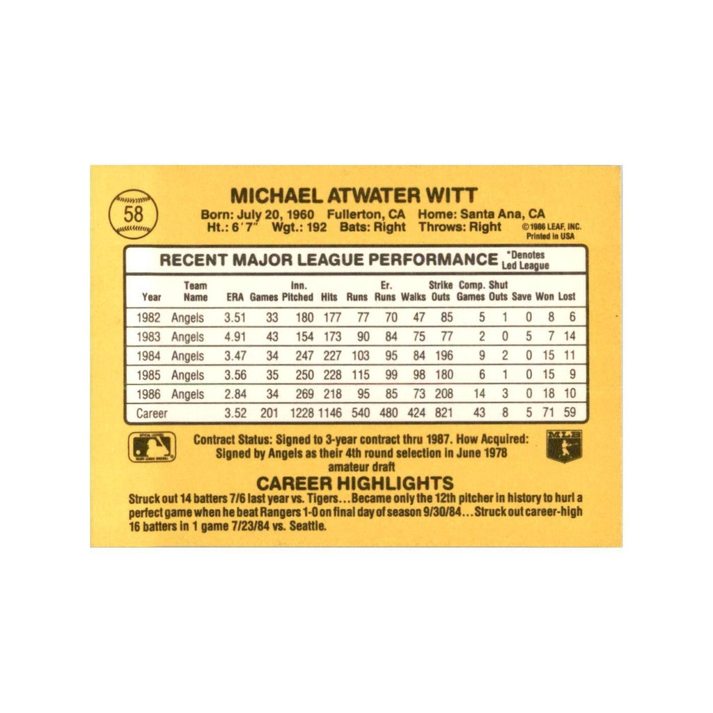 1987 Donruss Mike Witt Baseball Cards #58