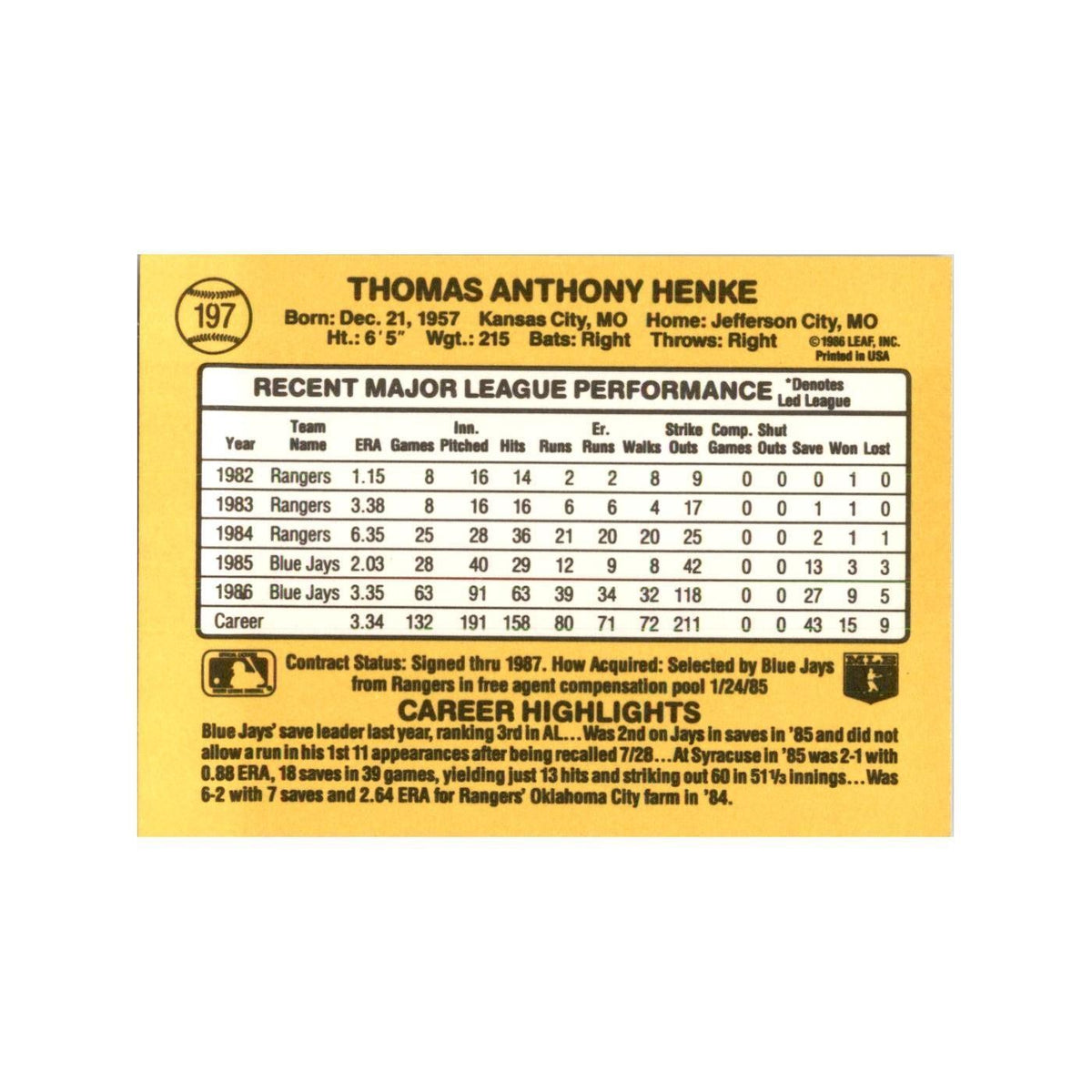 1987 Donruss Tom Henke Baseball Cards #197