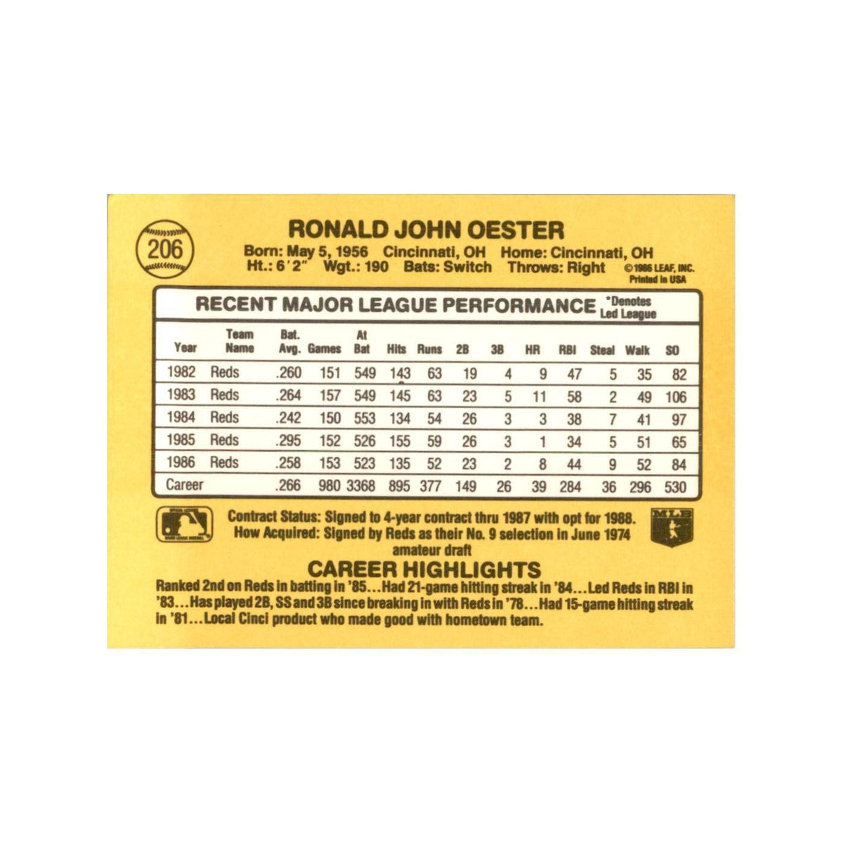 1987 Donruss Ron Oester Baseball Cards #206