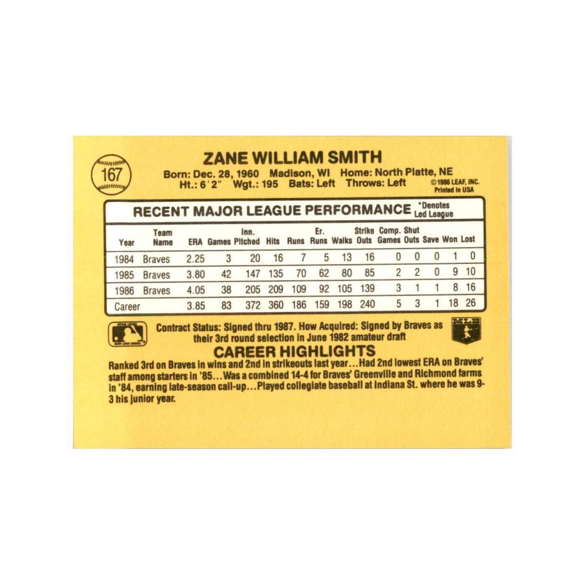 1987 Donruss Zane Smith Baseball Cards #167