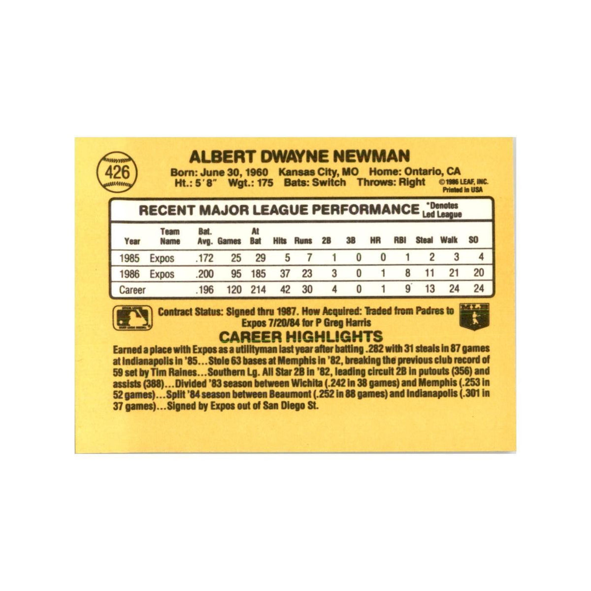 1987 Donruss Al Newman Baseball Cards #426