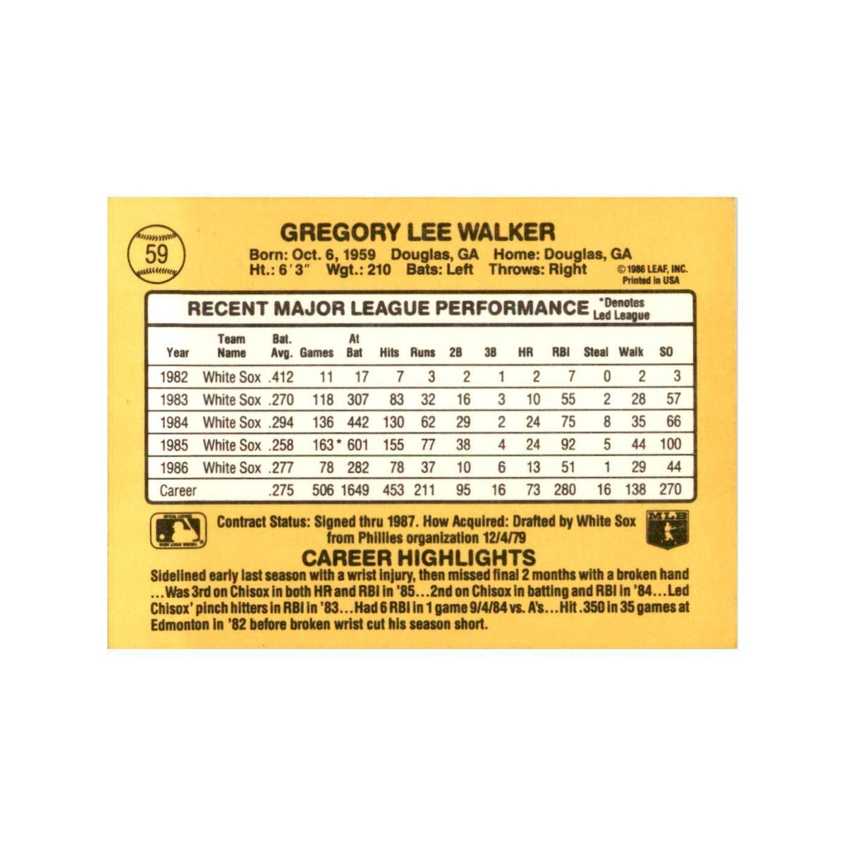 1987 Donruss Greg Walker Baseball Cards #59