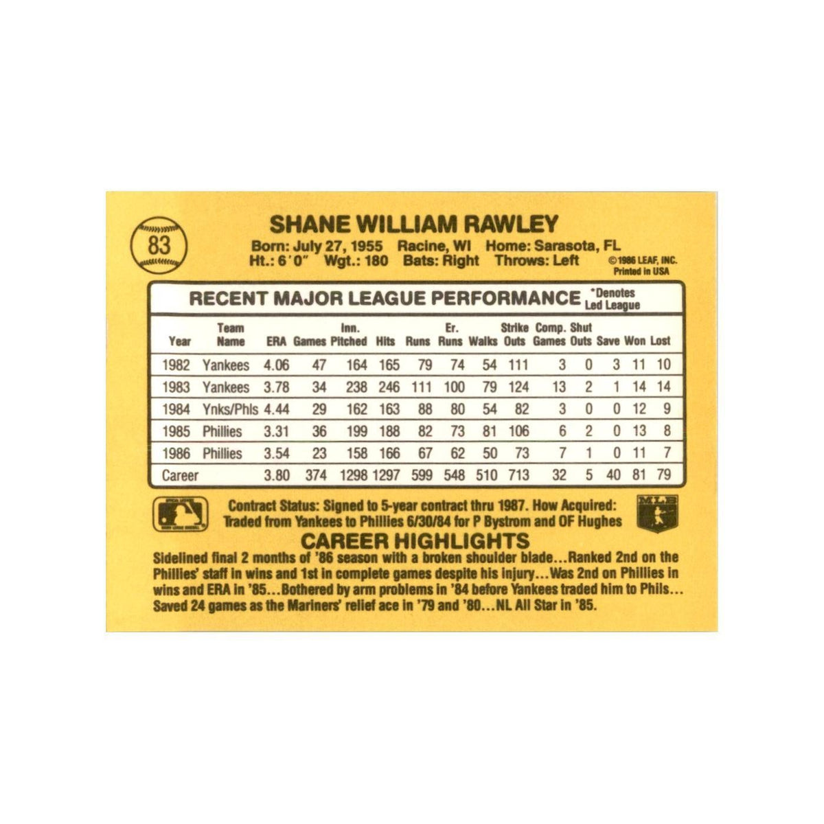 1987 Donruss Shane Rawley Baseball Cards #83