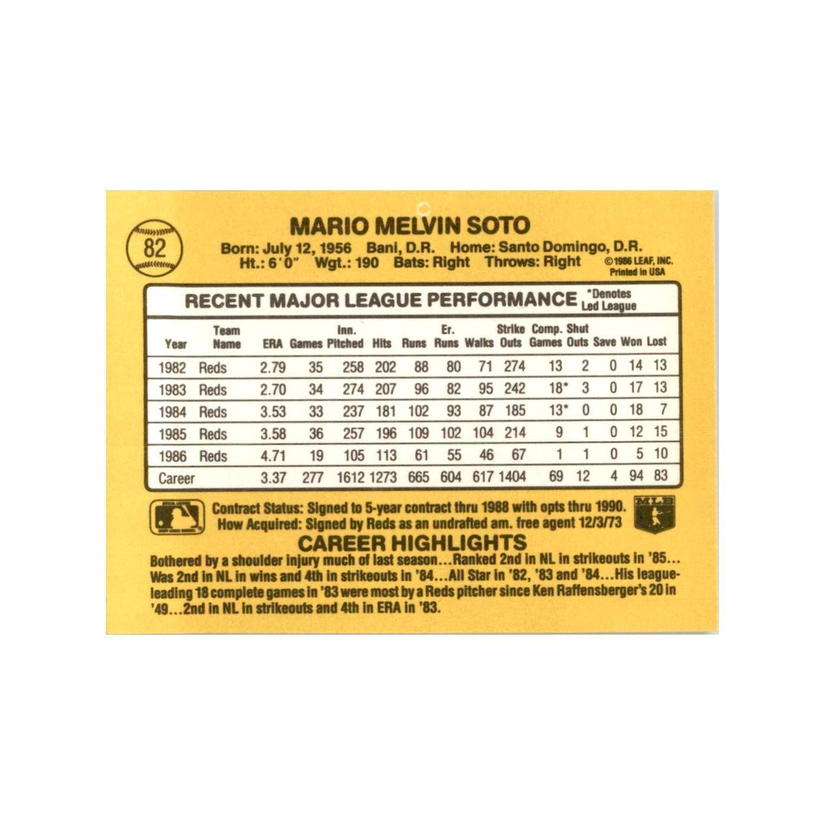 1987 Donruss Mario Soto Baseball Cards #82