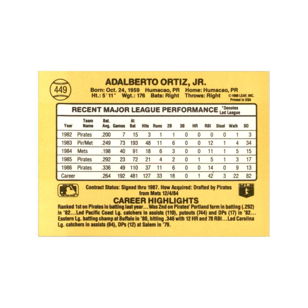 1987 Donruss Junior Ortiz Baseball Cards #449