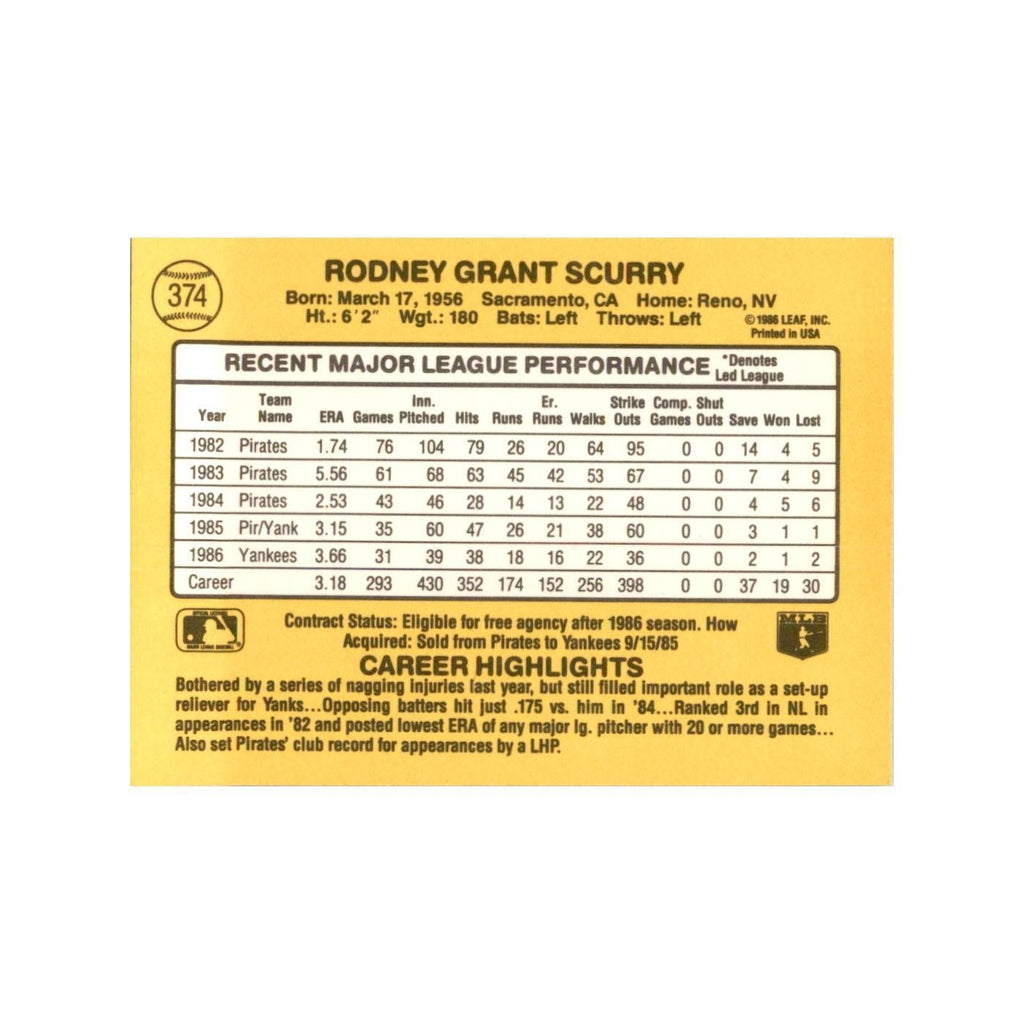 1987 Donruss Rod Scurry Baseball Cards #374
