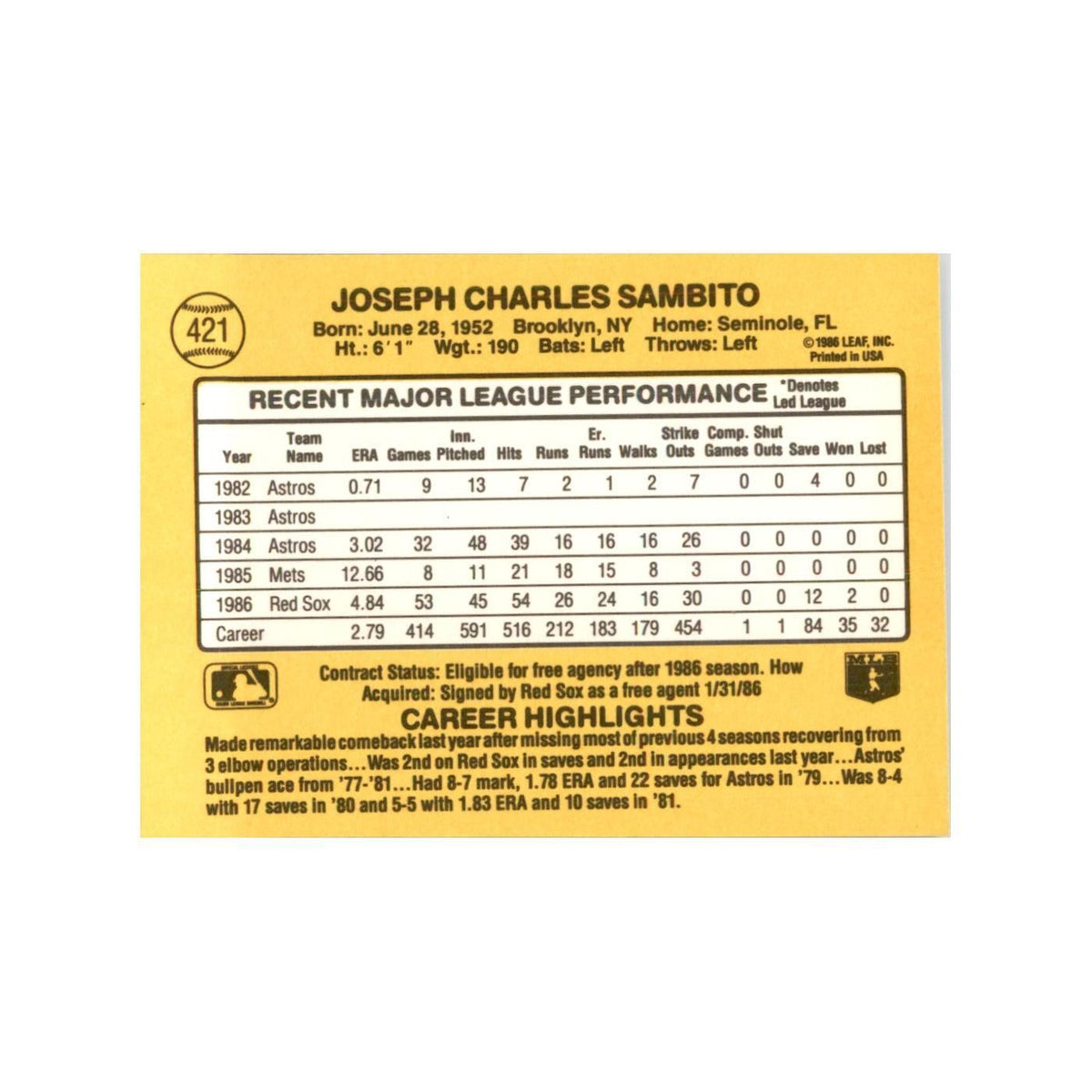 1987 Donruss Joe Sambito Baseball Cards #421