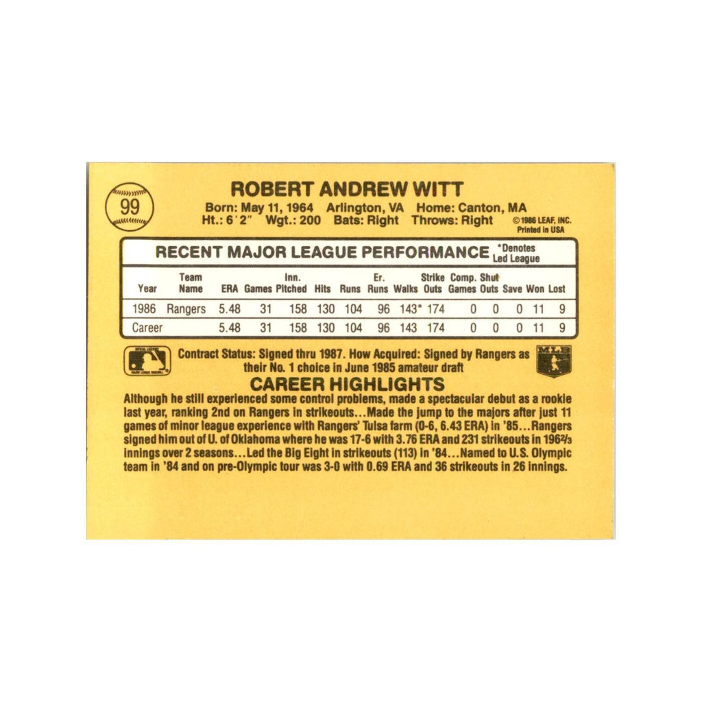 1987 Donruss Bobby Witt Baseball Cards #99