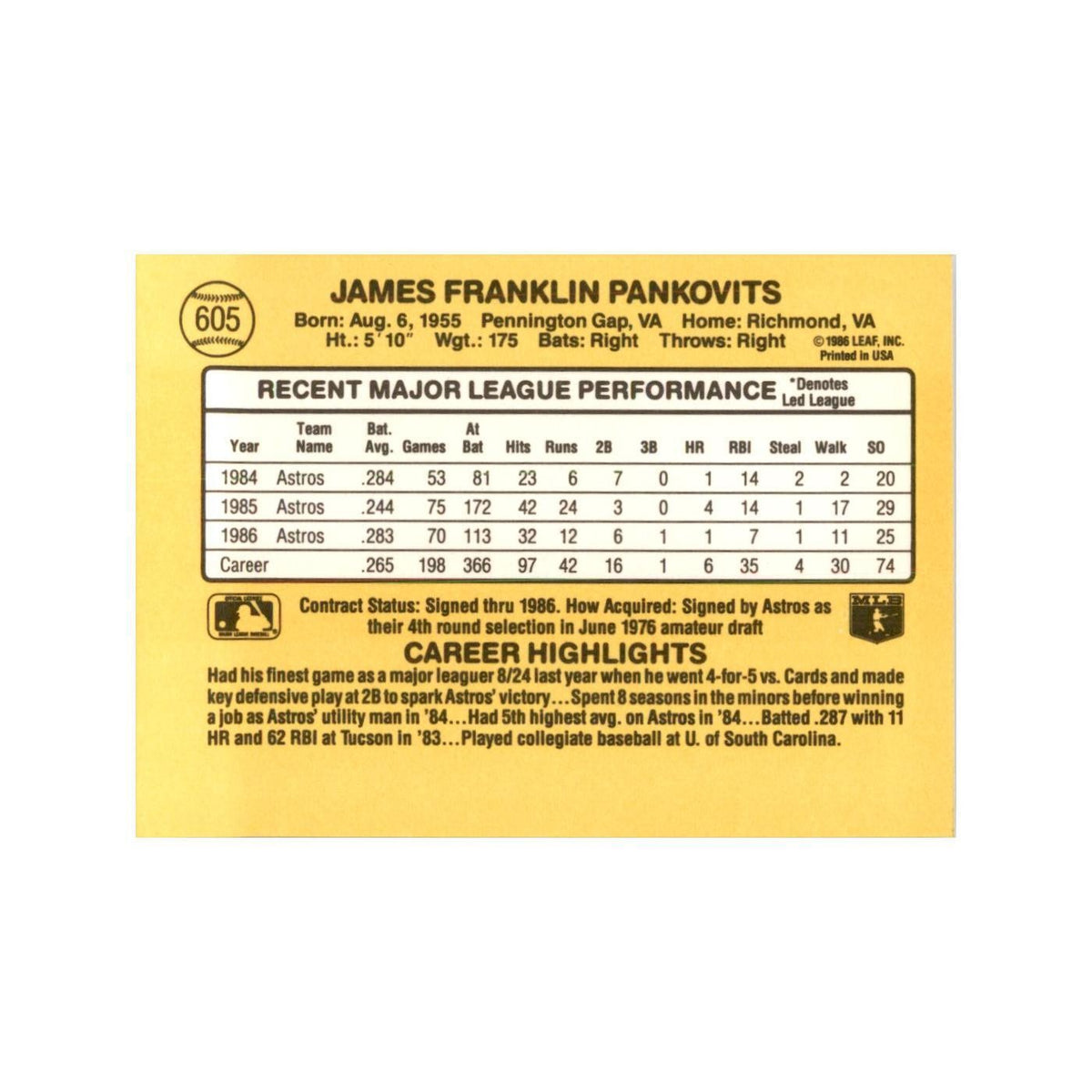1987 Donruss Jim Pankovits Baseball Cards #605
