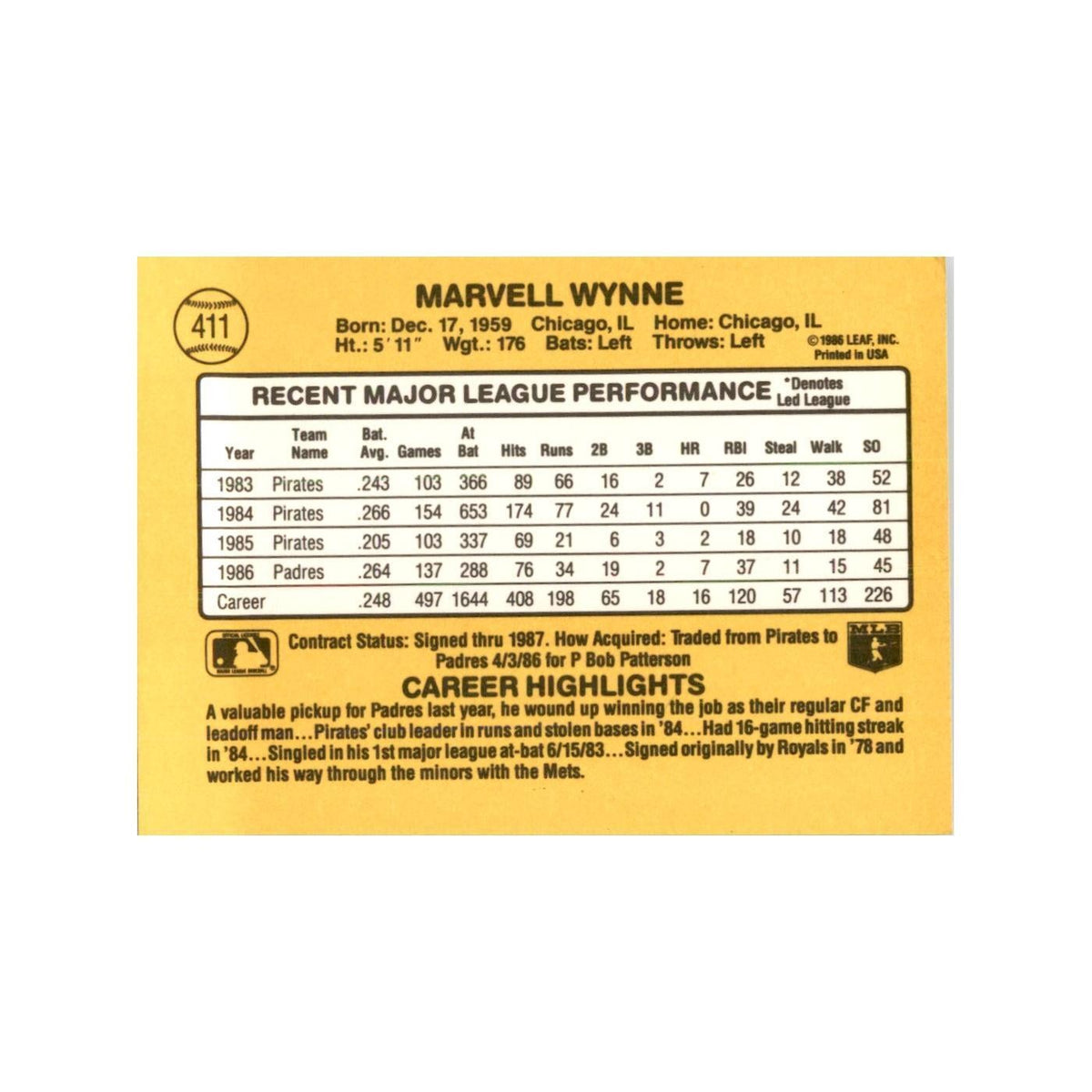 1987 Donruss Marvell Wynne Baseball Cards #411