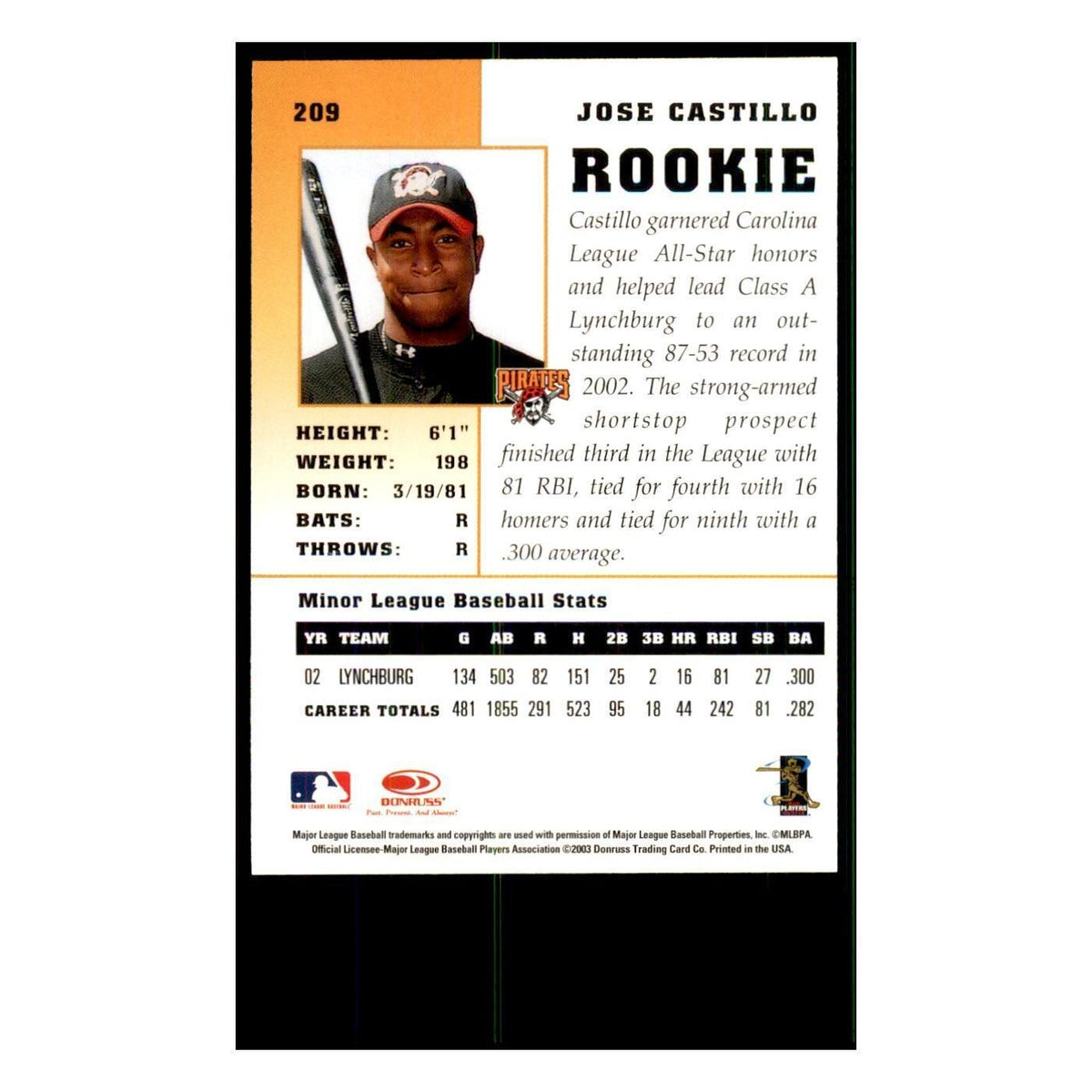 2003 Donruss Champions Jose Castillo Baseball Cards #209