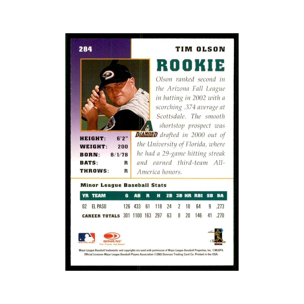 2003 Donruss Champions Tim Olson Baseball Cards #284