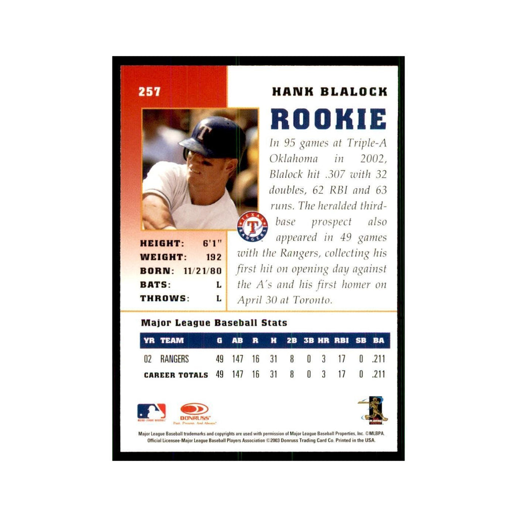 2003 Donruss Champions Hank Blalock Baseball Cards #257