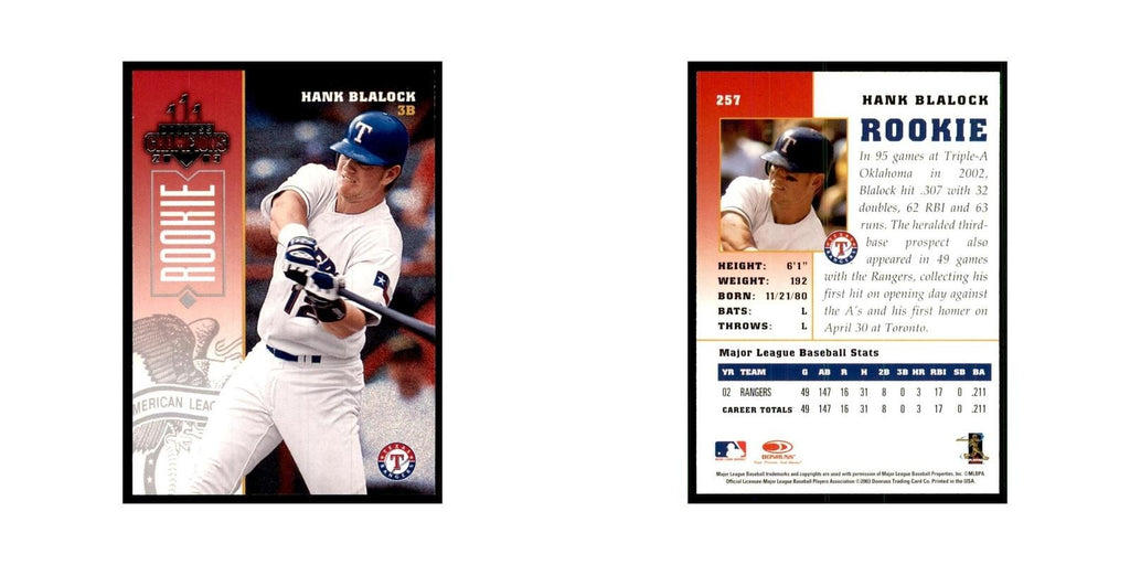 2003 Donruss Champions Hank Blalock Baseball Cards #257