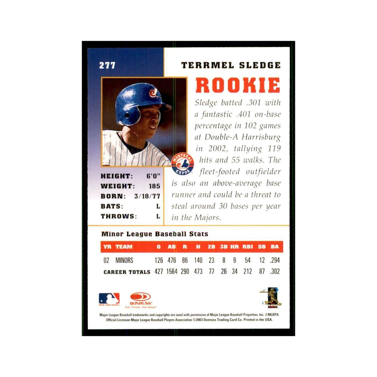 2003 Donruss Champions Terrmel Sledge Baseball Cards #277