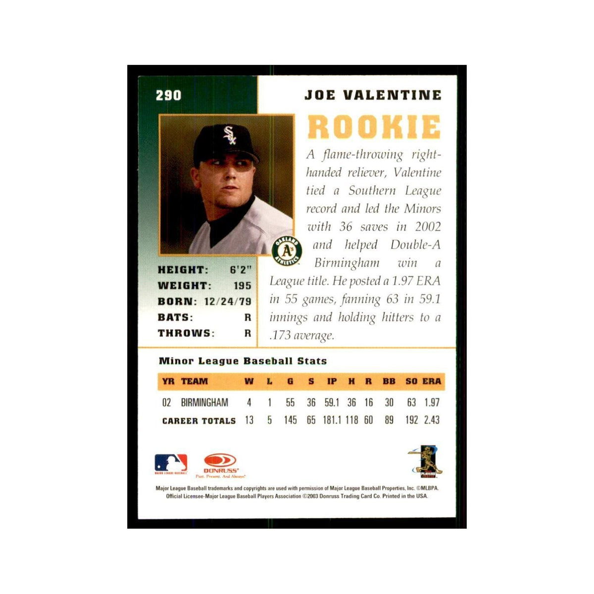 2003 Donruss Champions Joe Valentine Baseball Cards #290