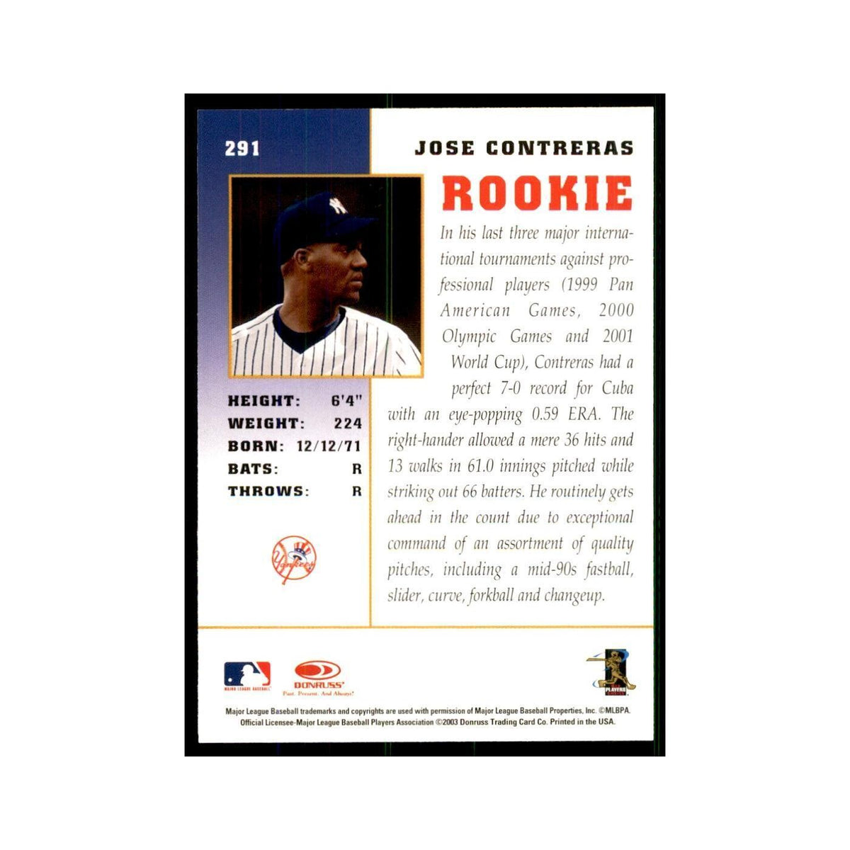 2003 Donruss Champions Jose Contreras Baseball Cards #291