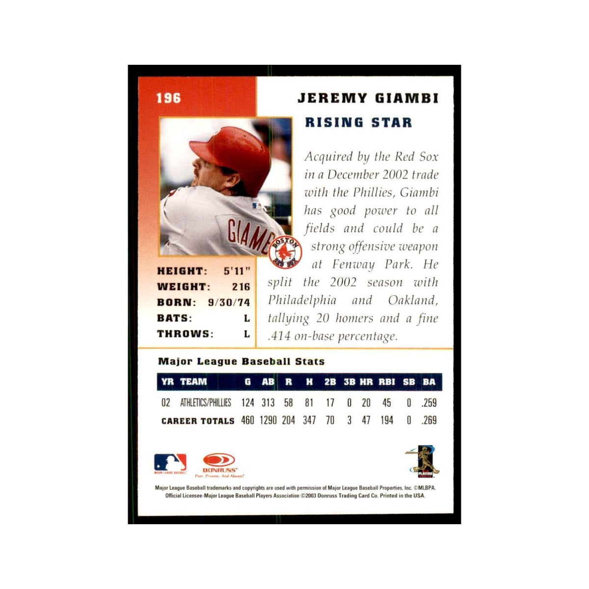 2003 Donruss Champions Jeremy Giambi Baseball Cards #196