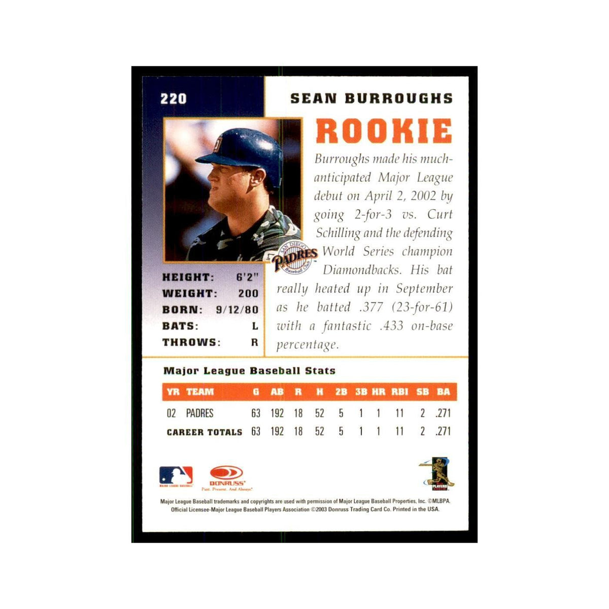 2003 Donruss Champions Sean Burroughs Baseball Cards #220