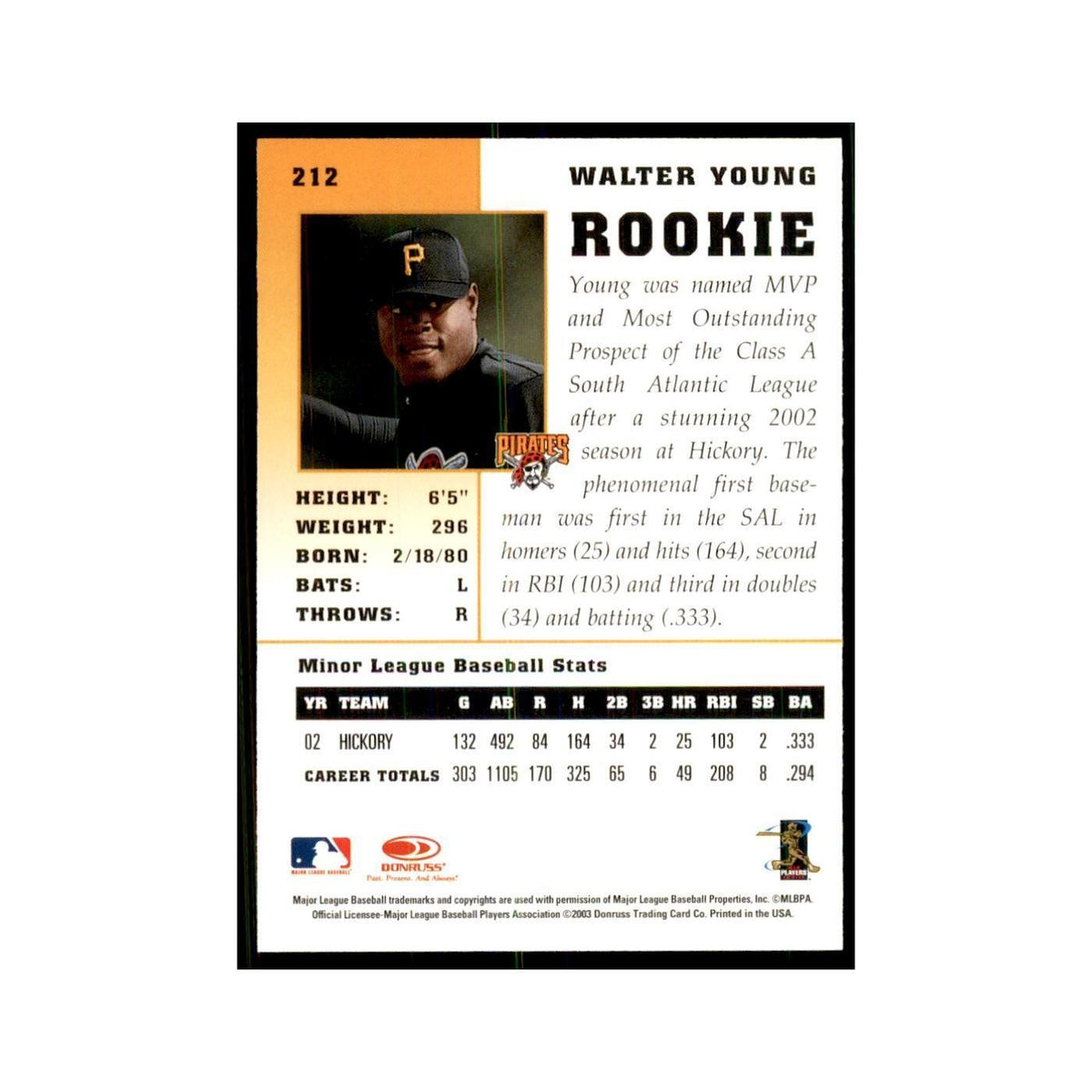 2003 Donruss Champions Walter Young Baseball Cards #212