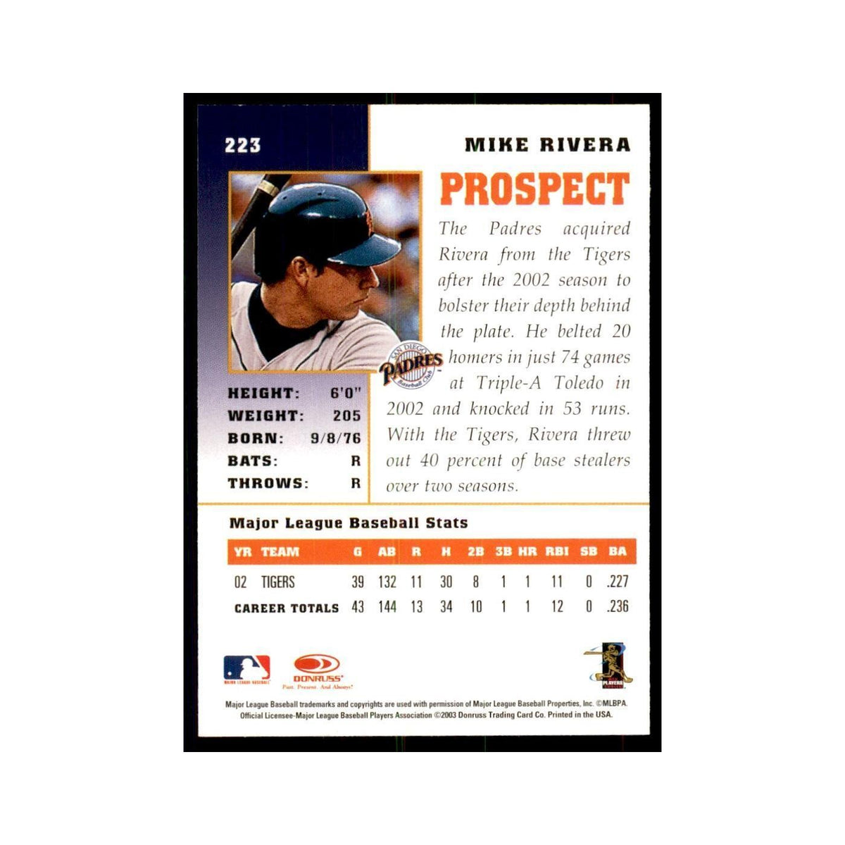 2003 Donruss Champions Mike Rivera Baseball Cards #223