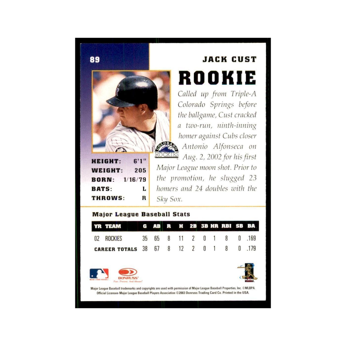 2003 Donruss Champions Jack Cust Baseball Cards #89