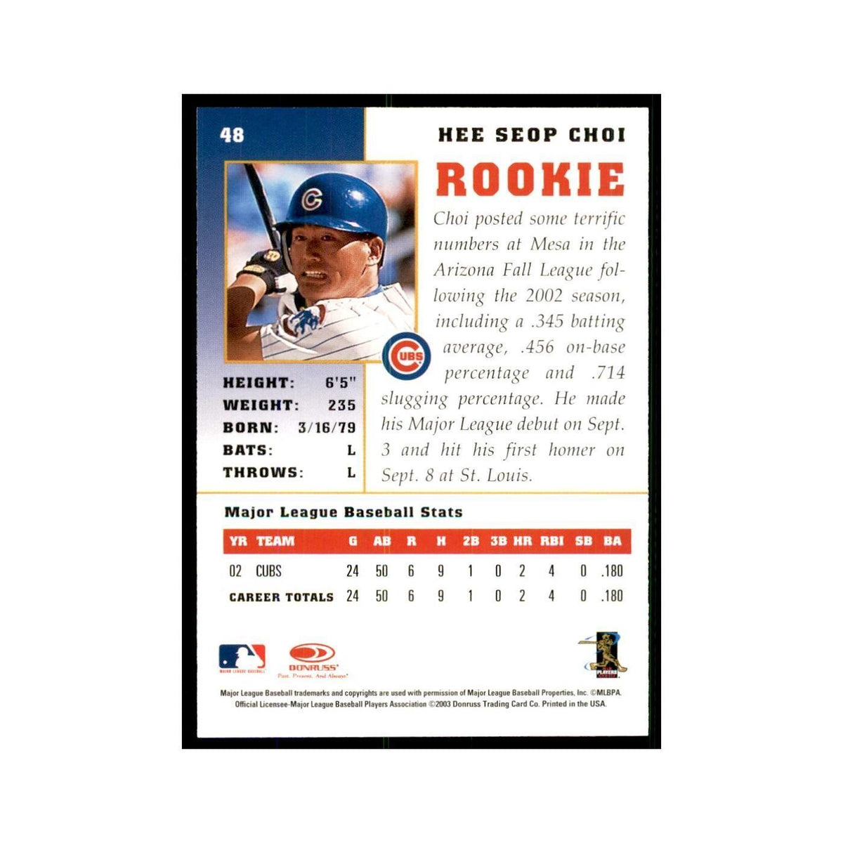 2003 Donruss Champions Hee Seop Choi Baseball Cards #48