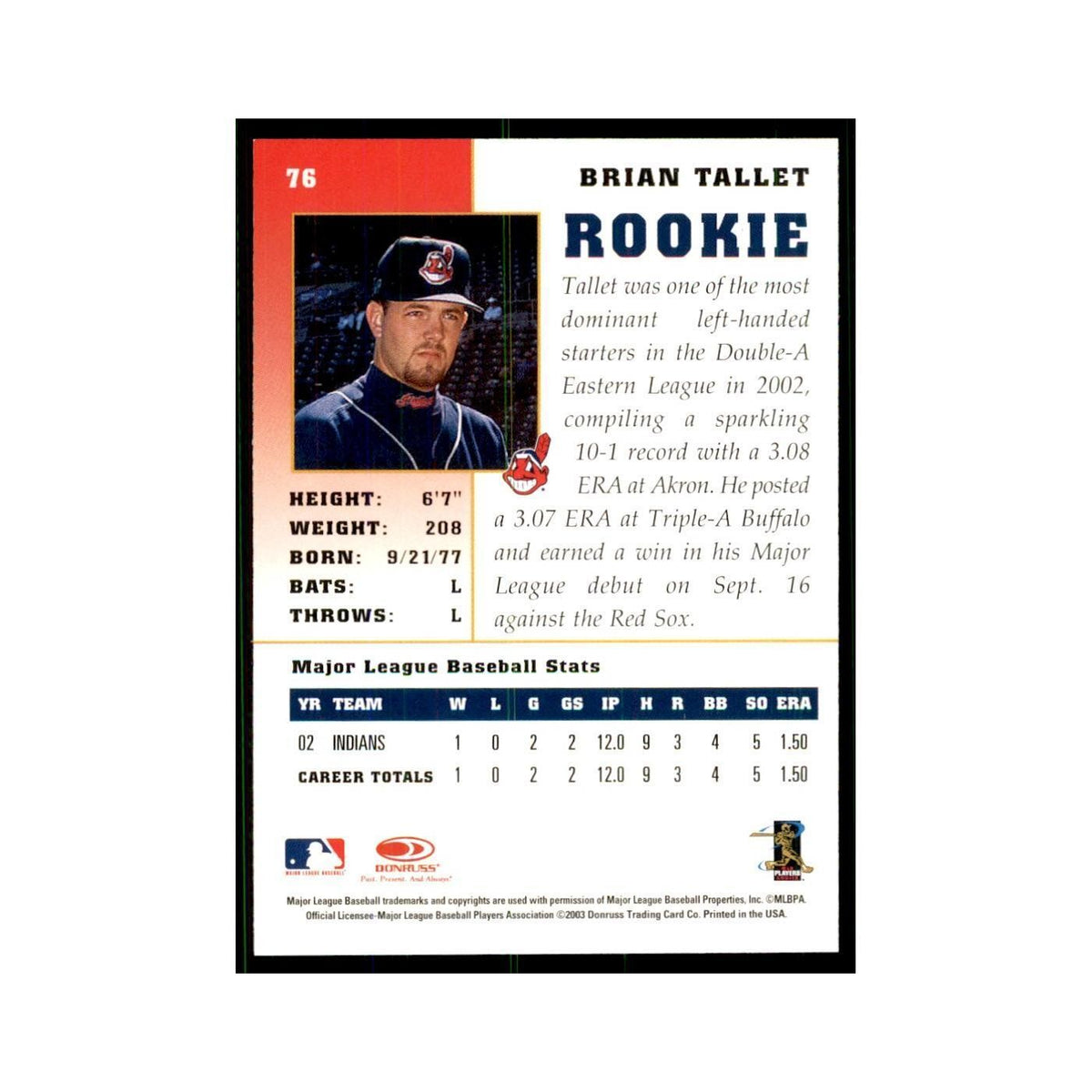2003 Donruss Champions Brian Tallet Baseball Cards #76