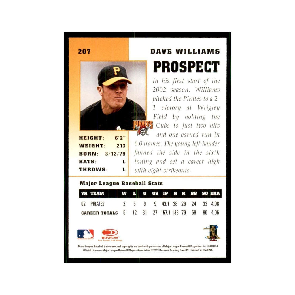 2003 Donruss Champions Dave Williams Baseball Cards #207