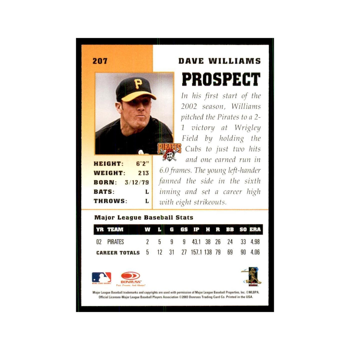 2003 Donruss Champions Dave Williams Baseball Cards #207